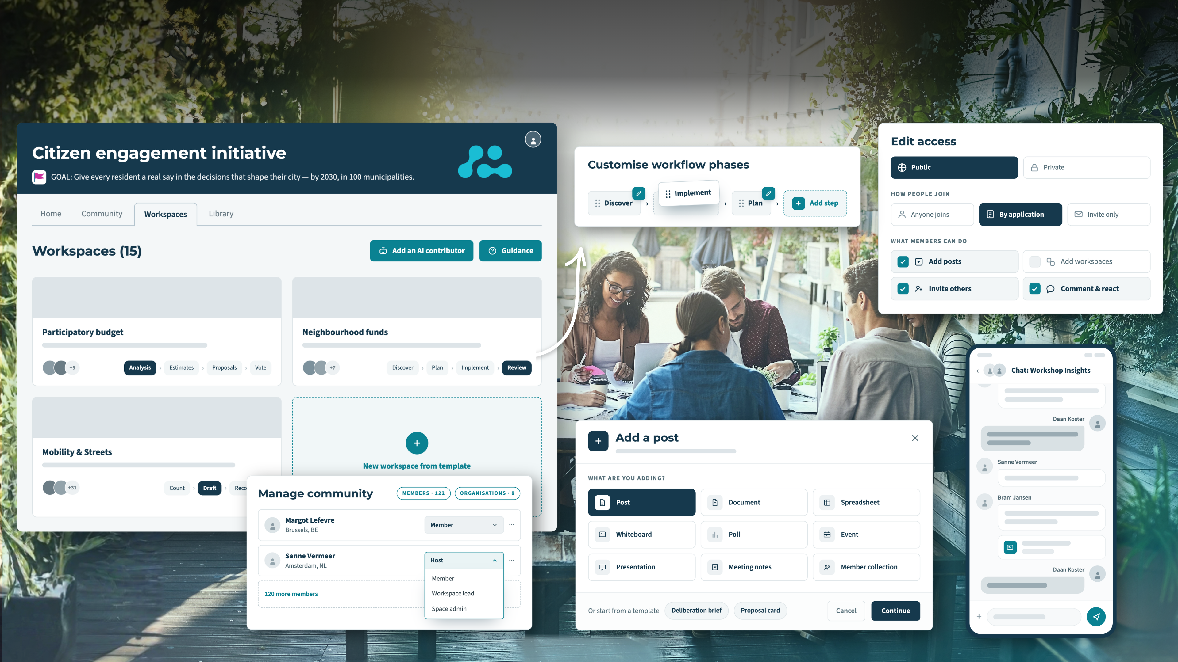 A Space on Alkemio: workspaces, workflow phases, access settings, community management and chat