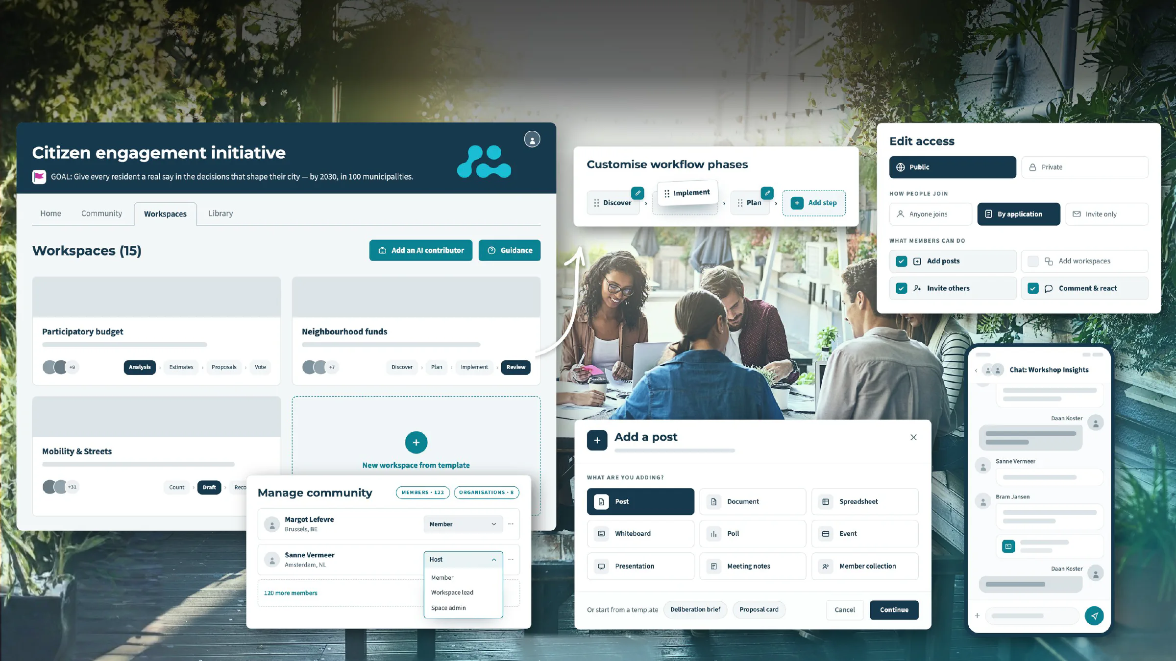 A Space on Alkemio: workspaces, workflow phases, access settings, community management and chat